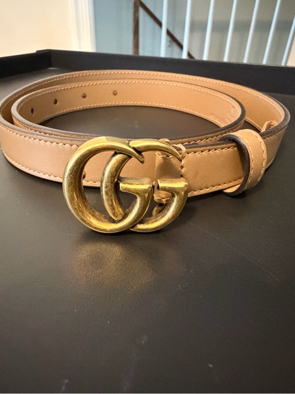 Gucci Tan Leather Double G Marmont Buckle Belt with Antique Gold Hardware